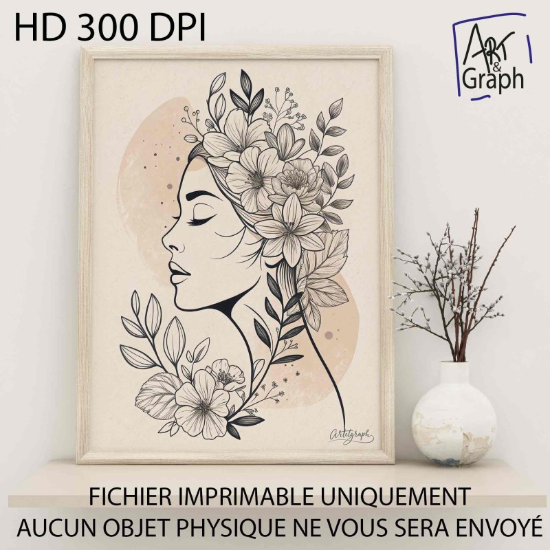 Affiche Numérique Portrait Féminin Florale - Illustration