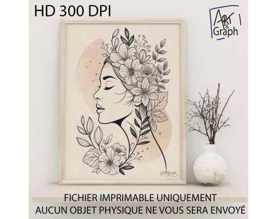 Affiche Numérique Portrait Féminin Florale - Illustration