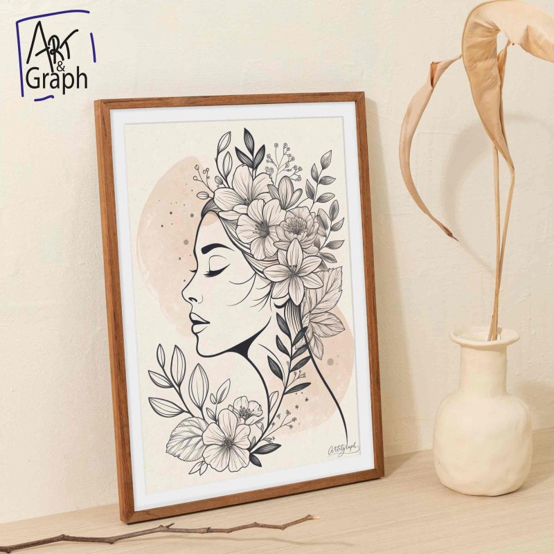 Affiche Numérique Portrait Féminin Florale - Illustration en Ligne Continue Noir et Blanc - Téléchargeable 300DPI
