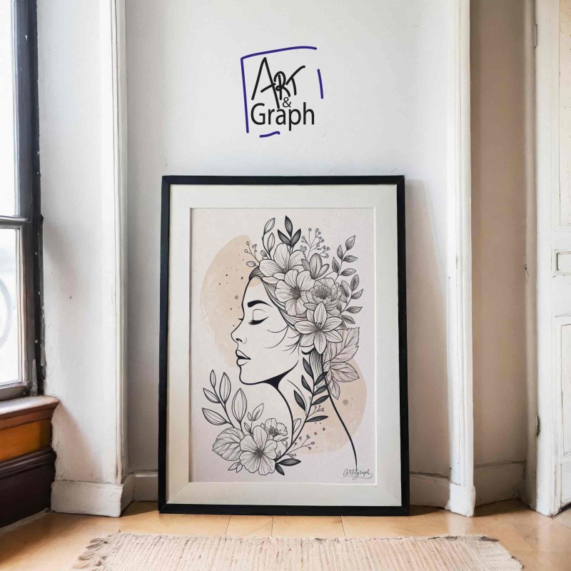 Affiche Numérique Portrait Féminin Florale - Illustration en Ligne Continue Noir et Blanc - Téléchargeable 300DPI