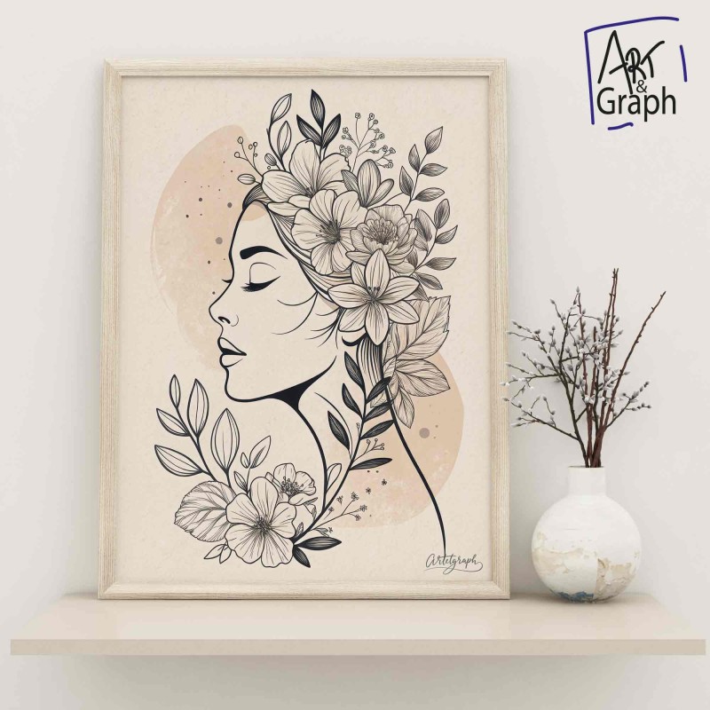 Affiche Numérique Portrait Féminin Florale - Illustration en Ligne Continue Noir et Blanc - Téléchargeable 300DPI