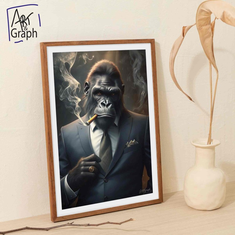 Affiche Numérique Gorille Élégant avec Cigare - Illustration Drôle et Sophistiquée pour Décoration Murale Originale