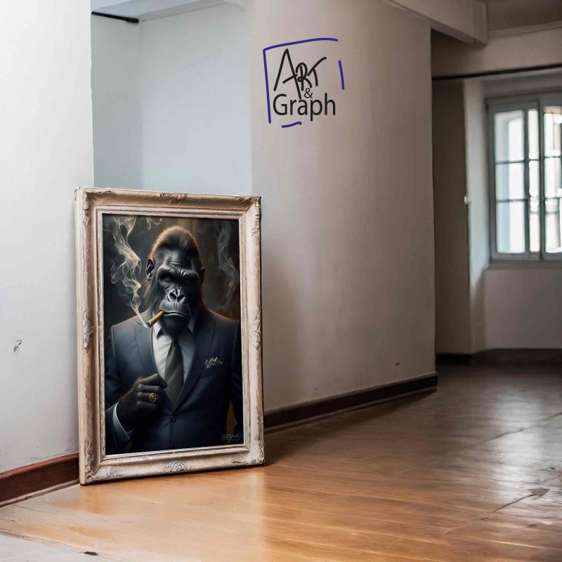 Affiche Numérique Gorille Élégant avec Cigare - Illustration Drôle et Sophistiquée pour Décoration Murale Originale