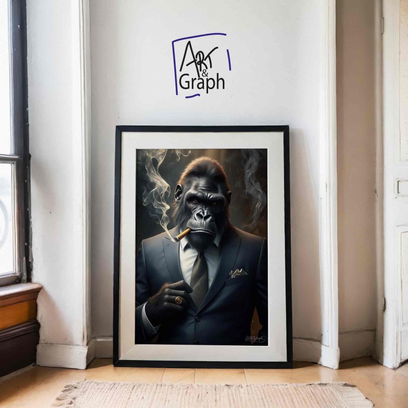 Affiche Numérique Gorille Élégant avec Cigare - Illustration Drôle et Sophistiquée pour Décoration Murale Originale