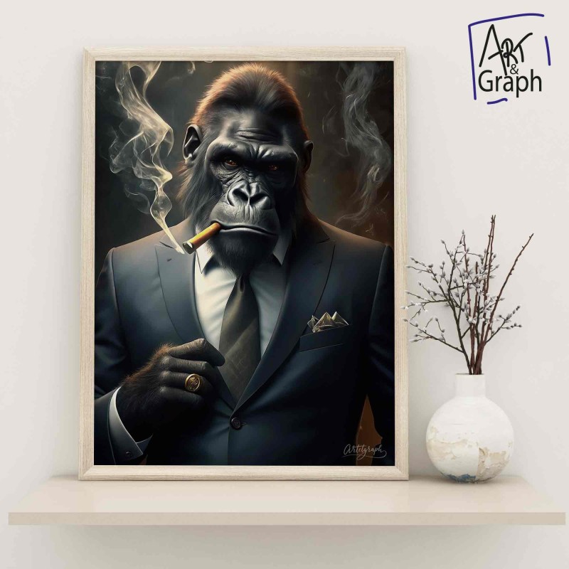 Affiche Numérique Gorille Élégant avec Cigare - Illustration Drôle et Sophistiquée pour Décoration Murale Originale
