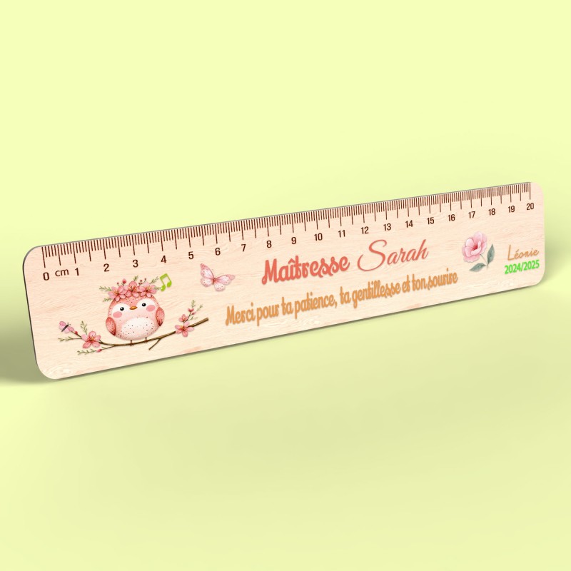 Règle en Bois Personnalisée Thème oiseau fleuri– Cadeau Unique pour Maîtresse, Maître, ATSEM
