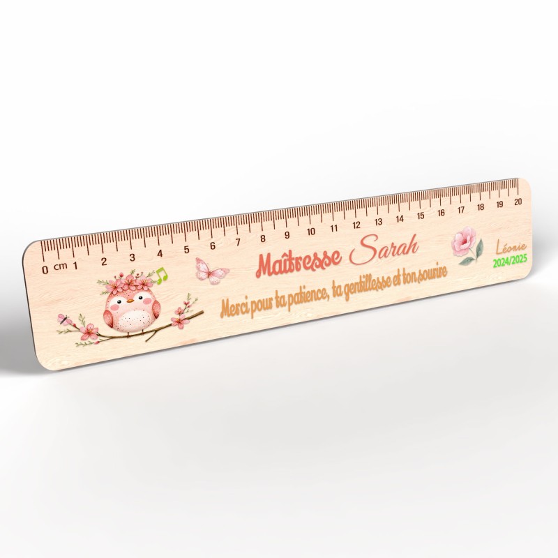 Règle en Bois Personnalisée Thème oiseau fleuri