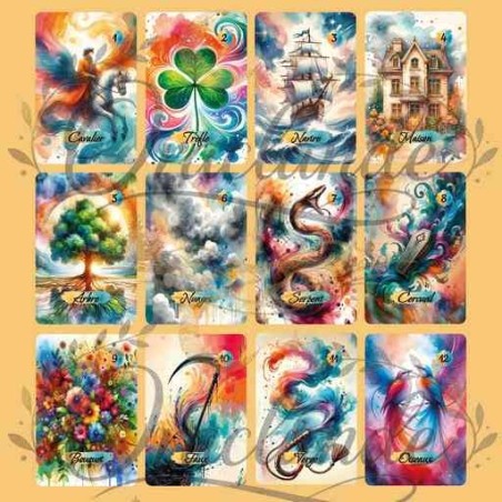 Oracle Lenormand Aquarelle – Jeu de 36 cartes personnalisable – Dos avec prénom – Oraclande