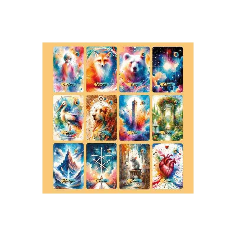 Oracle Lenormand Aquarelle – Jeu de 36 cartes personnalisable – Dos avec prénom – Oraclande