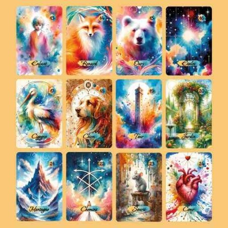 Oracle Lenormand Aquarelle – Jeu de 36 cartes personnalisable – Dos avec prénom – Oraclande