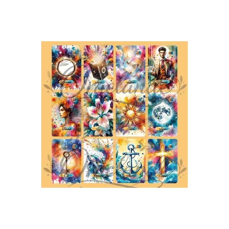 Oracle Lenormand Aquarelle – Jeu de 36 cartes personnalisable – Dos avec prénom – Oraclande