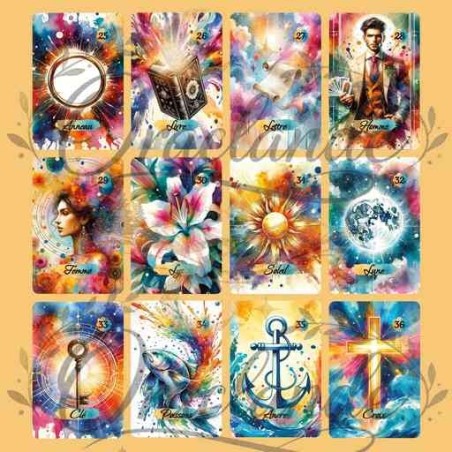 Oracle Lenormand Aquarelle – Jeu de 36 cartes personnalisable – Dos avec prénom – Oraclande