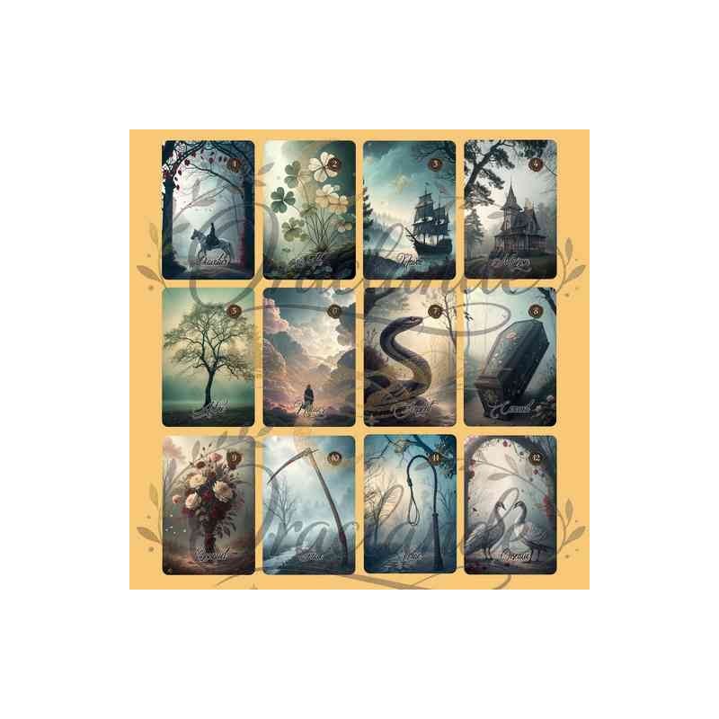 Oracle Lenormand Brumes – Jeu de 36 cartes personnalisable – Dos avec prénom – Oraclande