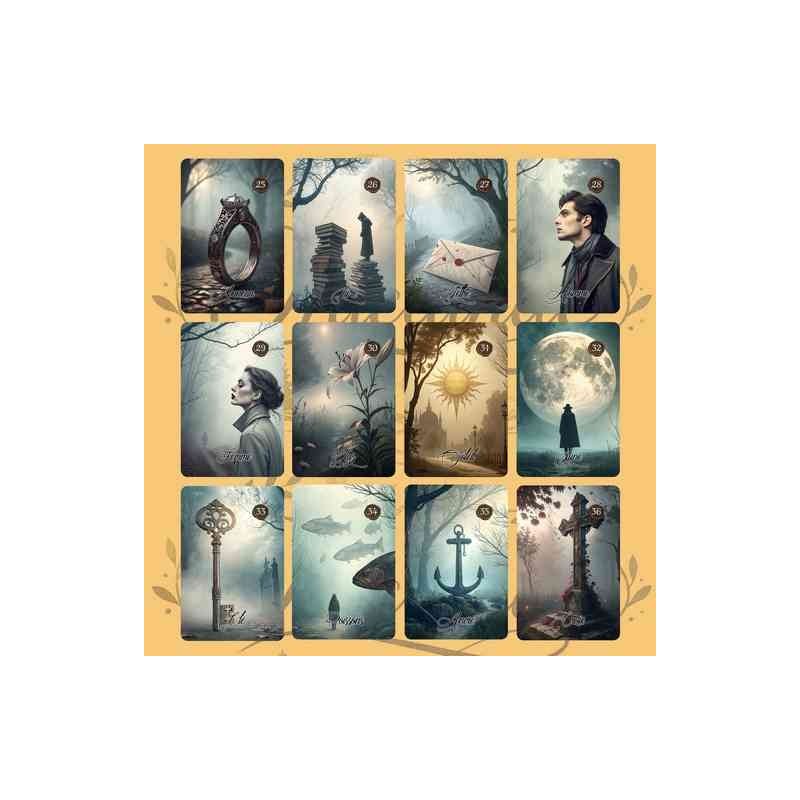 Oracle Lenormand Brumes – Jeu de 36 cartes personnalisable – Dos avec prénom – Oraclande