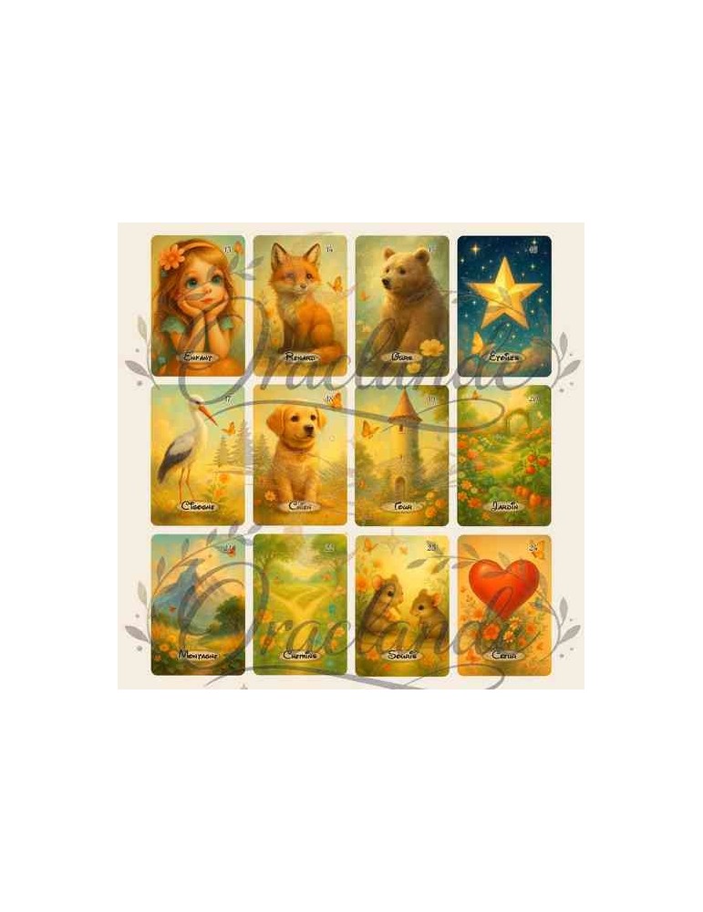 Oracle Lenormand Poétique – Jeu de 36 cartes personnalisable – Dos avec prénom – Oraclande