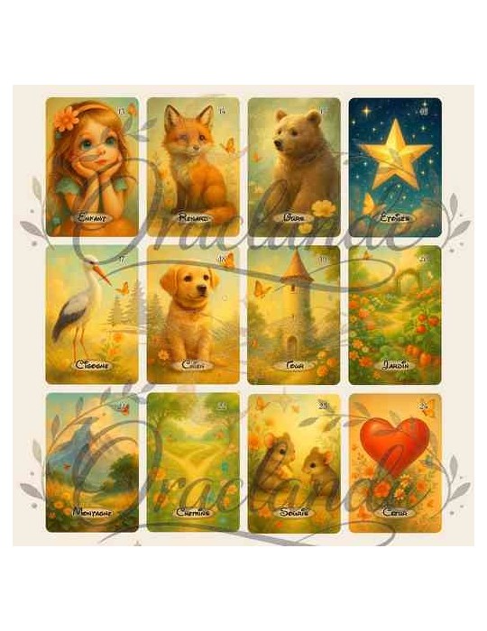 Oracle Lenormand Poétique – Jeu de 36 cartes personnalisable – Dos avec prénom – Oraclande