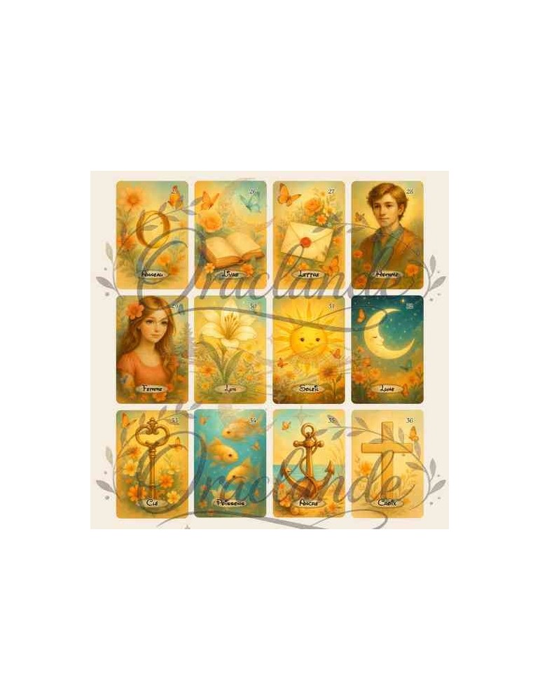 Oracle Lenormand Poétique – Jeu de 36 cartes personnalisable – Dos avec prénom – Oraclande