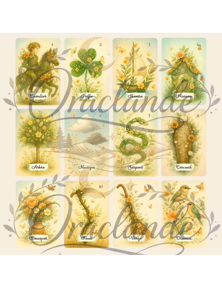 Oracle Lenormand Floral – Jeu de 36 cartes personnalisable – Dos avec prénom – Oraclande