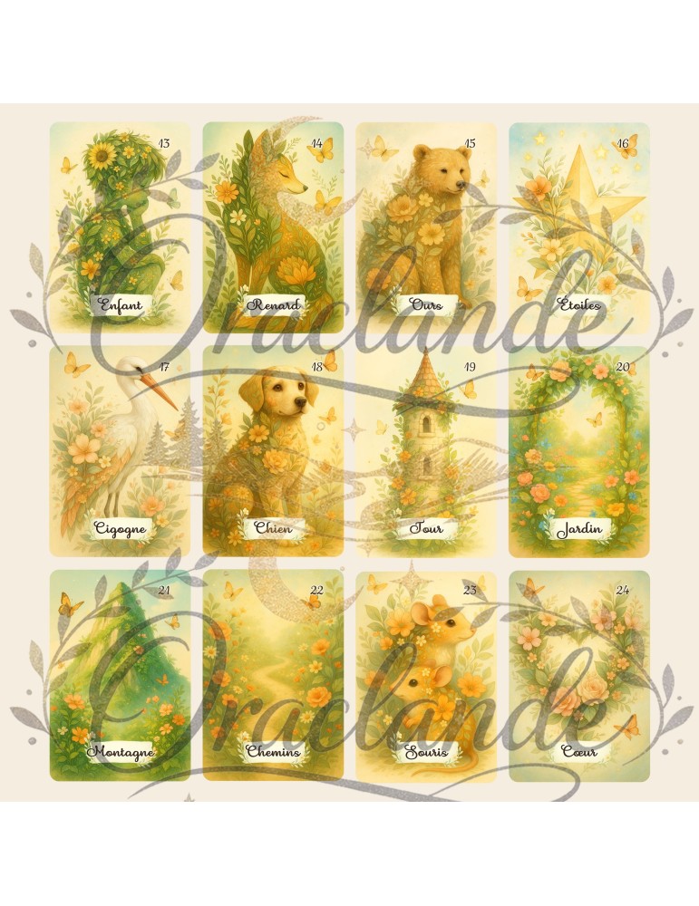 Oracle Lenormand Floral – Jeu de 36 cartes personnalisable – Dos avec prénom – Oraclande