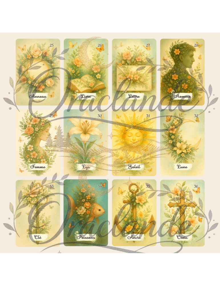 Oracle Lenormand Floral – Jeu de 36 cartes personnalisable – Dos avec prénom – Oraclande