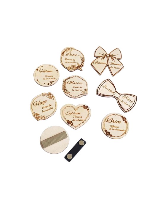Badge en bois personnalisé, mariage famille témoin invités