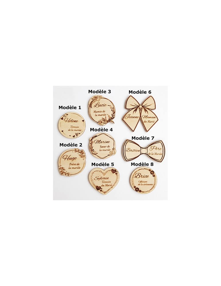 Badge en bois personnalisable, témoin, invité, mariage, baptême, communion, EVJF, EVG, thème floral, nature