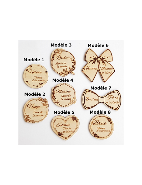 Badge en bois personnalisable, témoin, invité, mariage, baptême, communion, EVJF, EVG, thème floral, nature