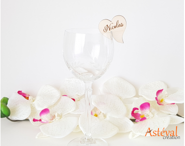 Marque verre, marque place bois personnalisé coeur - Mariage, Baptême, ou Anniversaire - Décoration de table