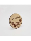 Badge en bois prénom personnalisé, champêtre, floral, végétal