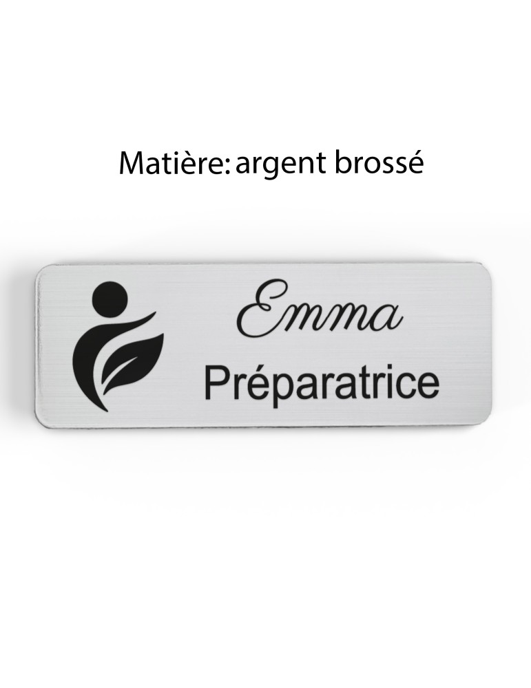 Badge personnalisé préparatrice, motif pharmacie et préparation, finition argent brossé