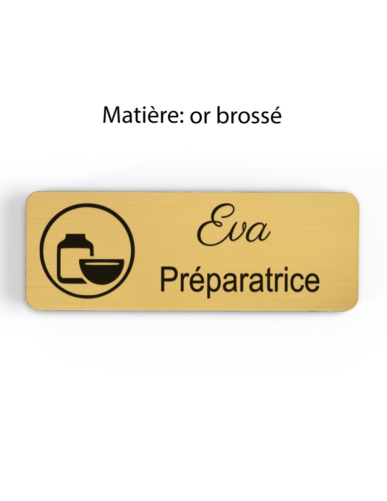 Badge personnalisé préparatrice, motif pharmacie et préparation, finition or brossé