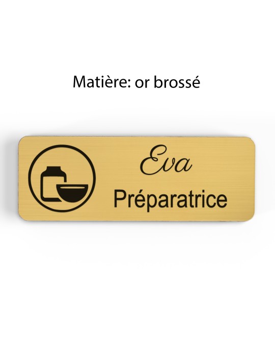 Badge personnalisé préparatrice, motif pharmacie et préparation, finition or brossé