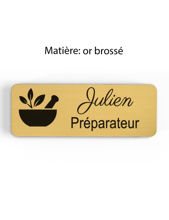 Badge personnalisé préparateur, motif pharmacie et préparation, finition or brossé