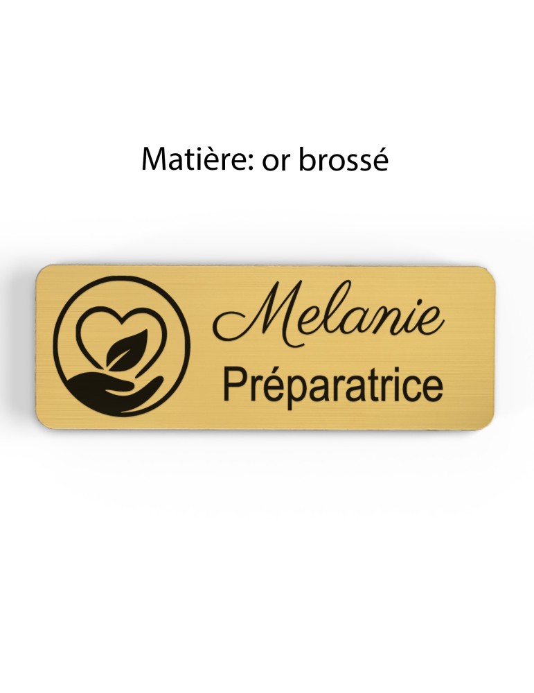 Badge personnalisé préparatrice, motif pharmacie et préparation, finition or brossé