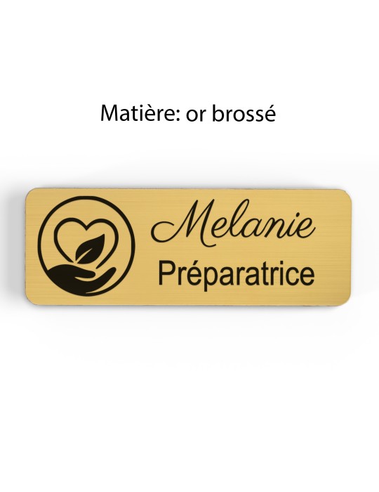 Badge personnalisé préparatrice, motif pharmacie et préparation, finition or brossé