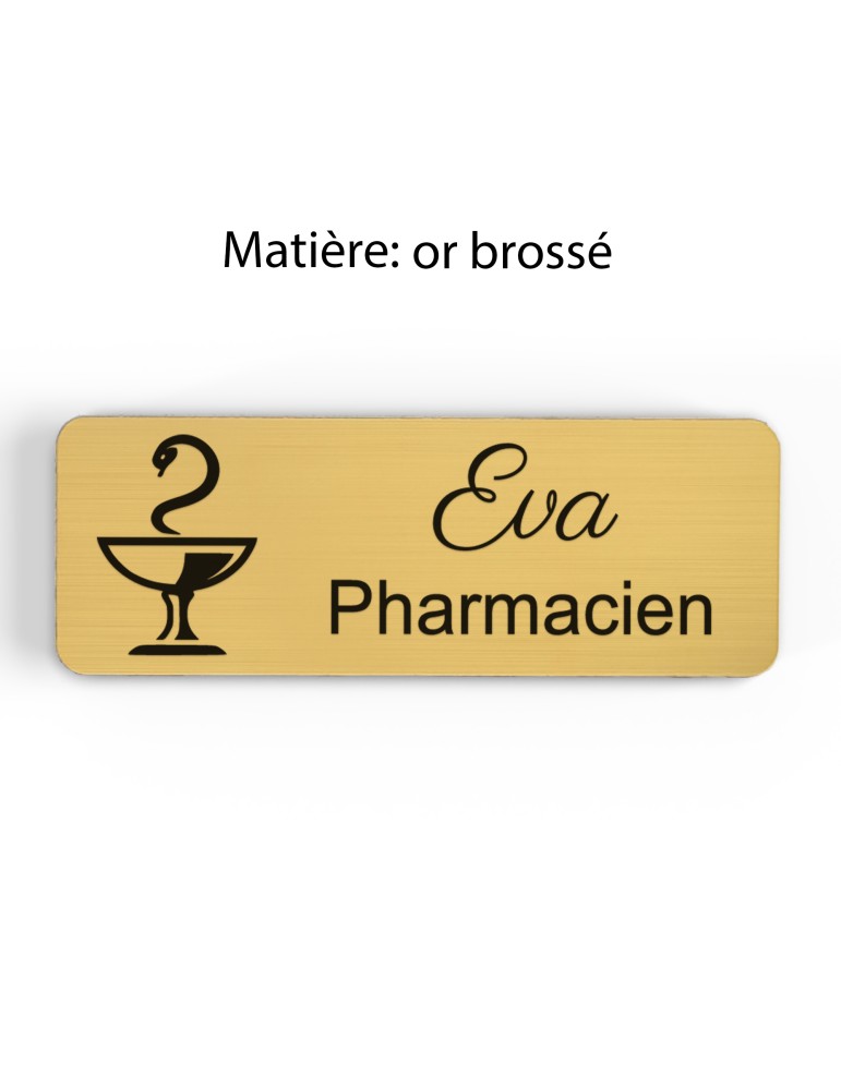 Badge personnalisé préparatrice, motif pharmacie et caducée, finition or brossé
