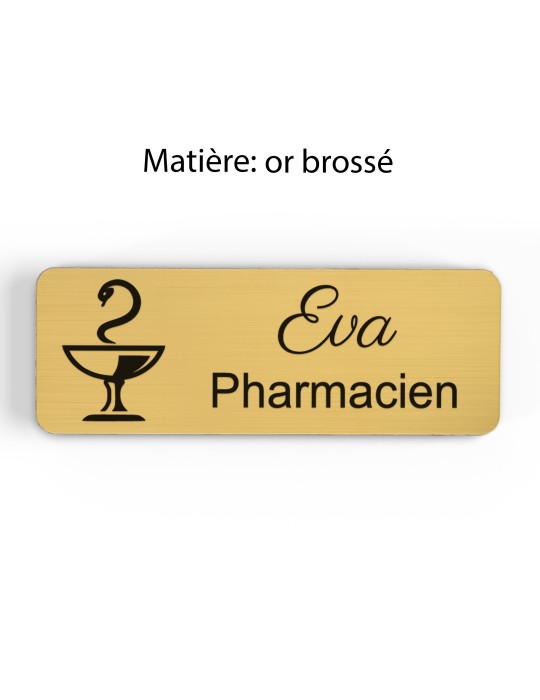 Badge personnalisé préparatrice, motif pharmacie et caducée, finition or brossé