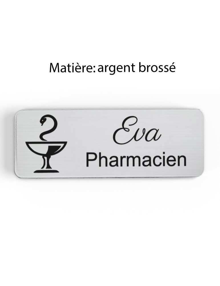 Badge personnalisé préparatrice, motif pharmacie et caducée, finition argent brossé