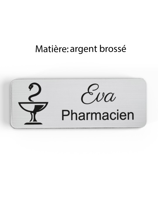 Badge personnalisé préparatrice, motif pharmacie et caducée, finition argent brossé