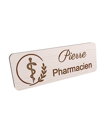 Badge personnalisé pharmacien, motif pharmacie et caducée, vue en biais