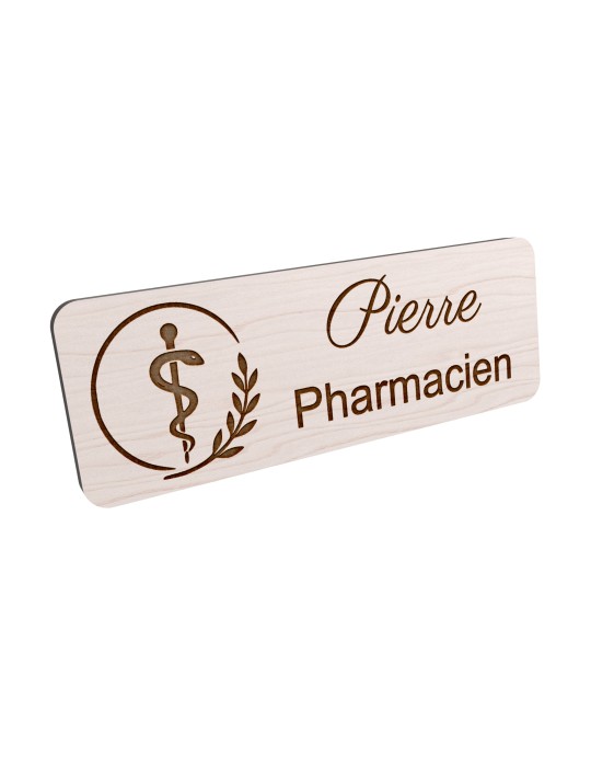 Badge personnalisé pharmacien, motif pharmacie et caducée, vue en biais