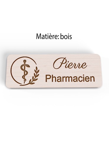 Badge personnalisé pharmacien, motif pharmacie et caducée, vue en biais 2