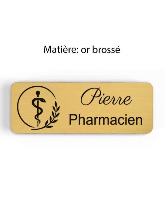 Badge personnalisé pharmacien, motif pharmacie et caducée, finition or brossé