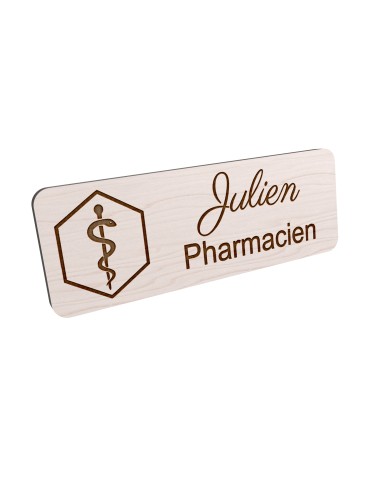 Badge personnalisé pharmacien, motif pharmacie et caducée, vue en biais