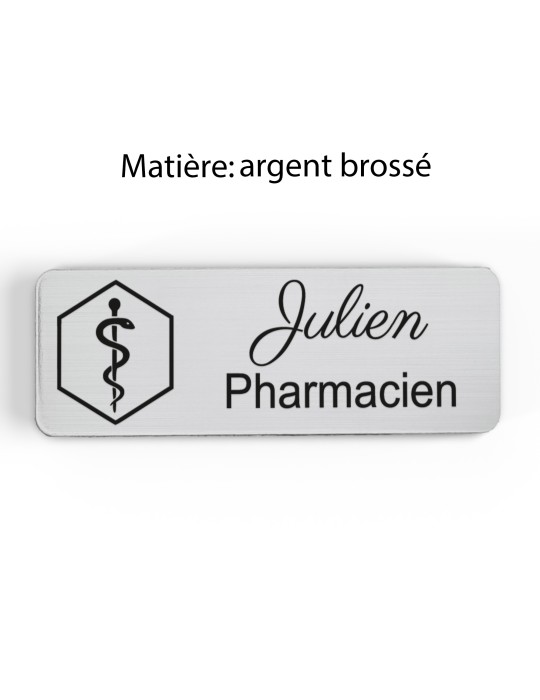 Badge personnalisé pharmacien, motif pharmacie et caducée, finition argent brossé