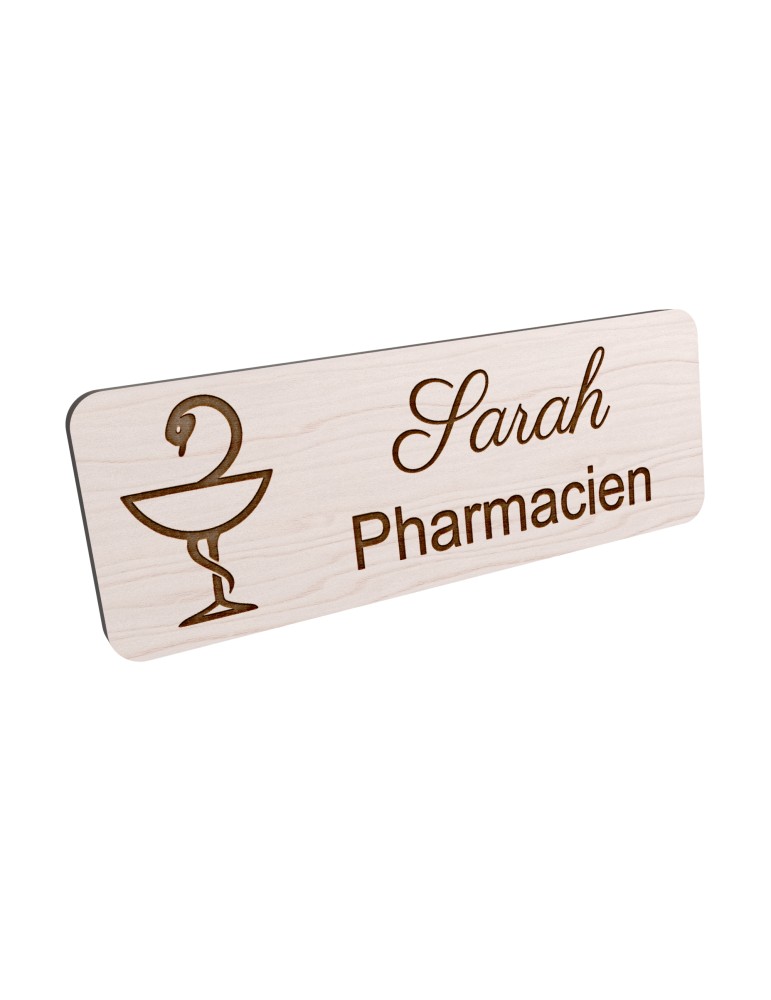 Badge personnalisé pharmacien, motif pharmacie et caducée, vue en biais