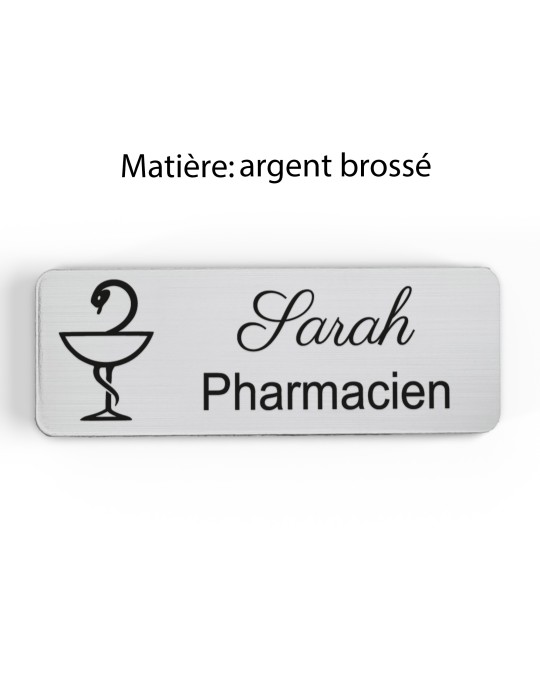 Badge personnalisé pharmacien, motif pharmacie et caducée, finition argent brossé
