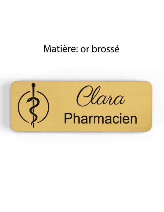 Badge personnalisé pharmacien, motif pharmacie et caducée, finition or brossé