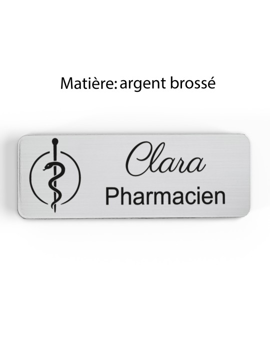 Badge personnalisé pharmacien, motif pharmacie et caducée, finition argent brossé