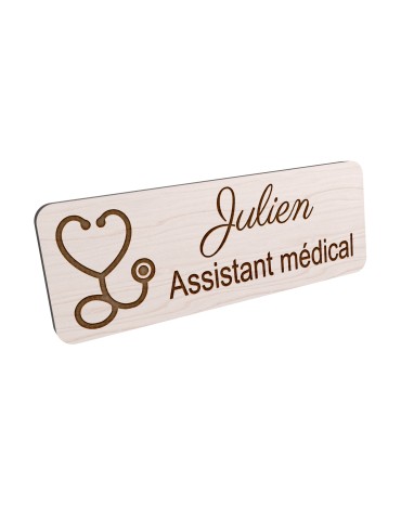 Badge personnalisé assistant médical, motif accueil et santé, vue en biais
